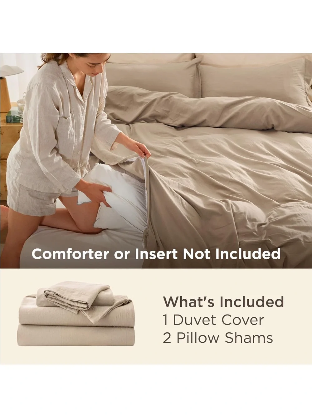 NEW Bedsure Prewashed Duvet Cover Set Queen, Cotton-Like Bedding, Light Brown